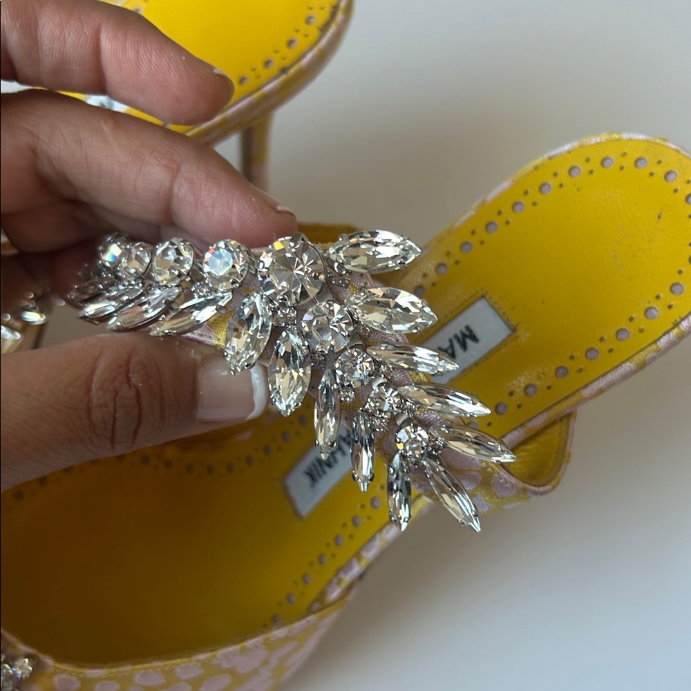 Manolo Blahnik Lurum Crystal Mule Leopard Jacquard Pink Yellow Wedding Shoes - Picture 9 of 11